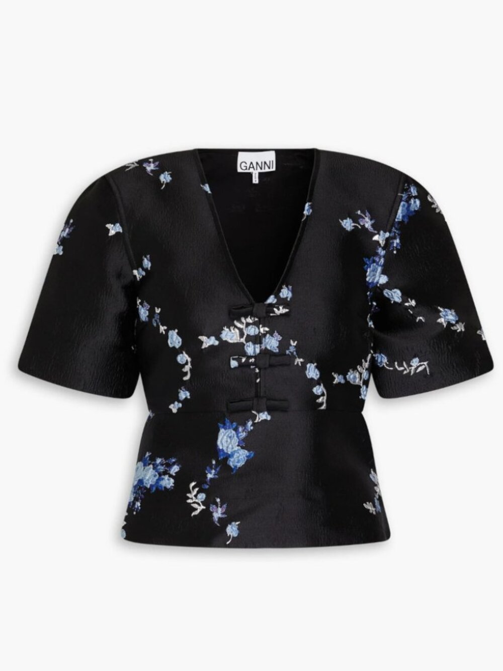NWOT Ganni bow detailed foral 3D jacquard peplum top